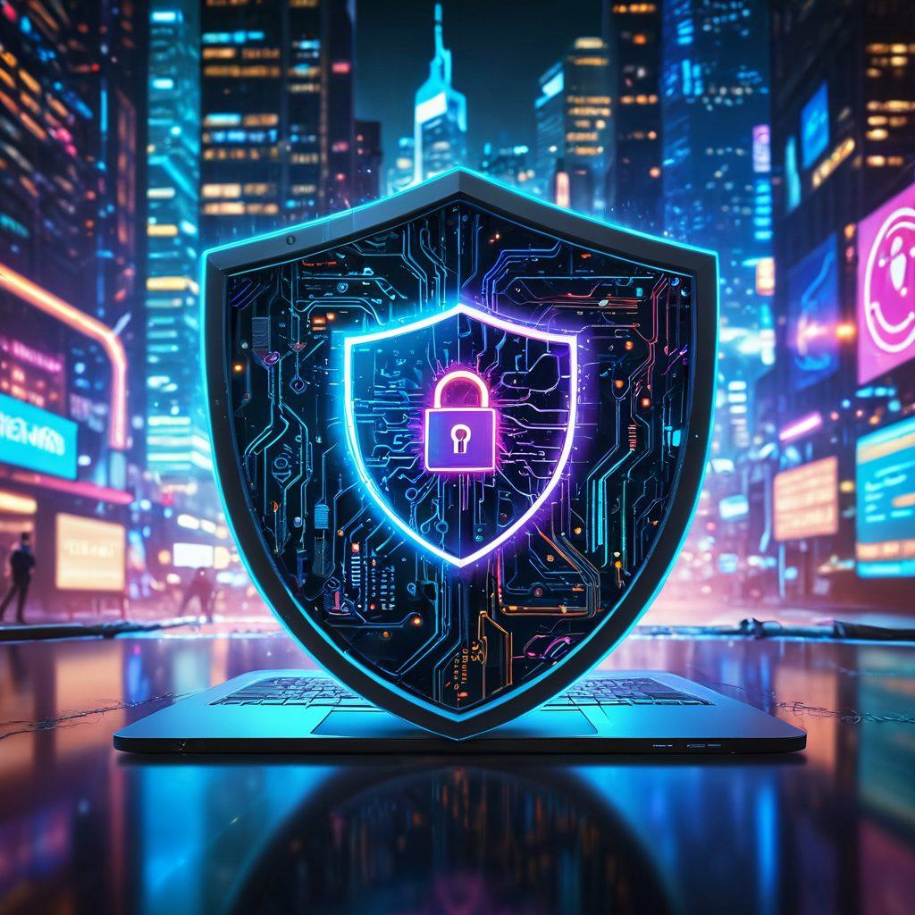 A shield with a glowing padlock in the center, symbolizing security and privacy, surrounded by interconnected webs representing network solutions. In the background, a computer with numerous software icons floating around it, depicting various privacy software. The scene is set in a futuristic digital city. super-realistic. vibrant colors. cyberpunk.