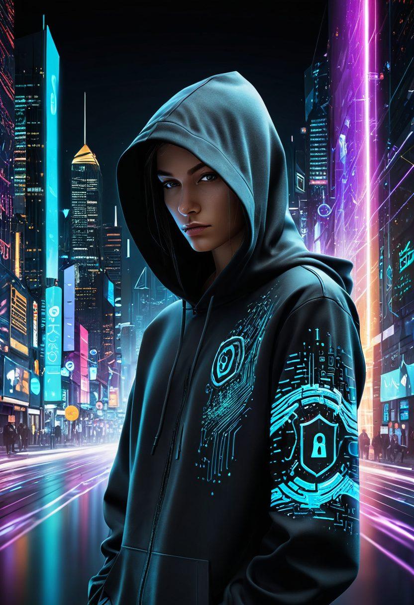 A futuristic, digital cityscape where a figure in a sleek, dark hoodie seamlessly blends into the network of glowing holographic data streams. Surrounding the figure, various security icons like shields, locks, and anonymous masks hover, signifying protection and concealment. The backdrop includes layers of transparent code and encryption symbols, enhancing the theme of online anonymity and data privacy. 3D. cyberpunk. vibrant colors. dark background.