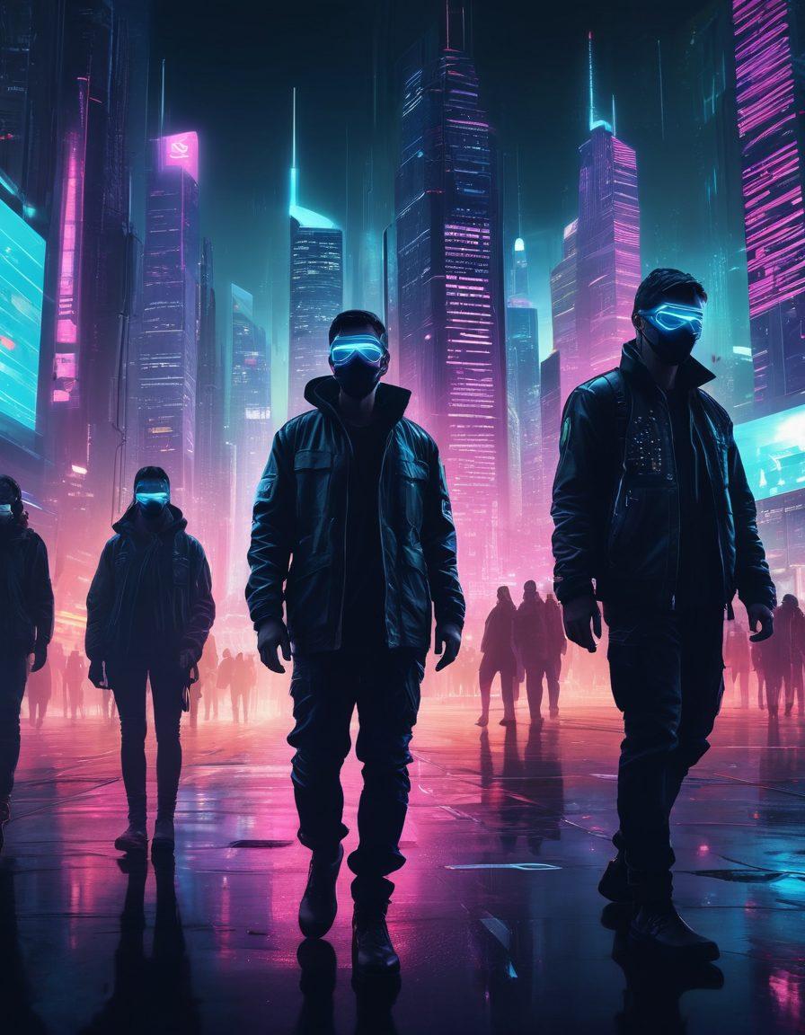 A futuristic cityscape at night with glowing digital data streams weaving through skyscrapers. Silhouettes of individuals wearing stylish anonymity masks, using encrypted devices. Holographic shields symbolizing digital protection. Elements of cybersecurity icons like locks and keys subtly embedded in the scene. cyberpunk. vibrant colors. digital painting.